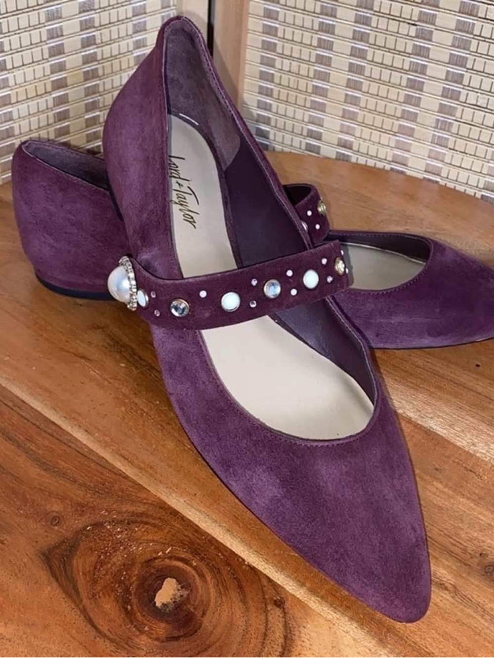Lord & Taylor Merlot Rose Suede Pointed Mary Jane Flats with Studded Strap 7.5